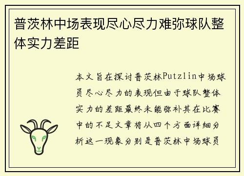 普茨林中场表现尽心尽力难弥球队整体实力差距 普茨林中场表现尽心尽力难弥球队整体实力差距